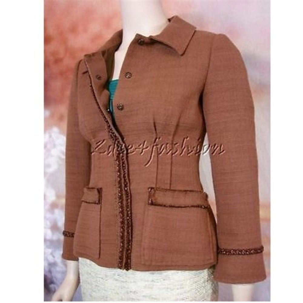 NWT ALBERTA FERRETTI Brown Textured Raw Edge Leather Weave Jacket 4